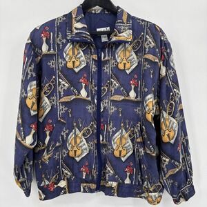 VTG Silk Road 100% Silk Track Jacket Women's M Musical Instruments Abstract  80s